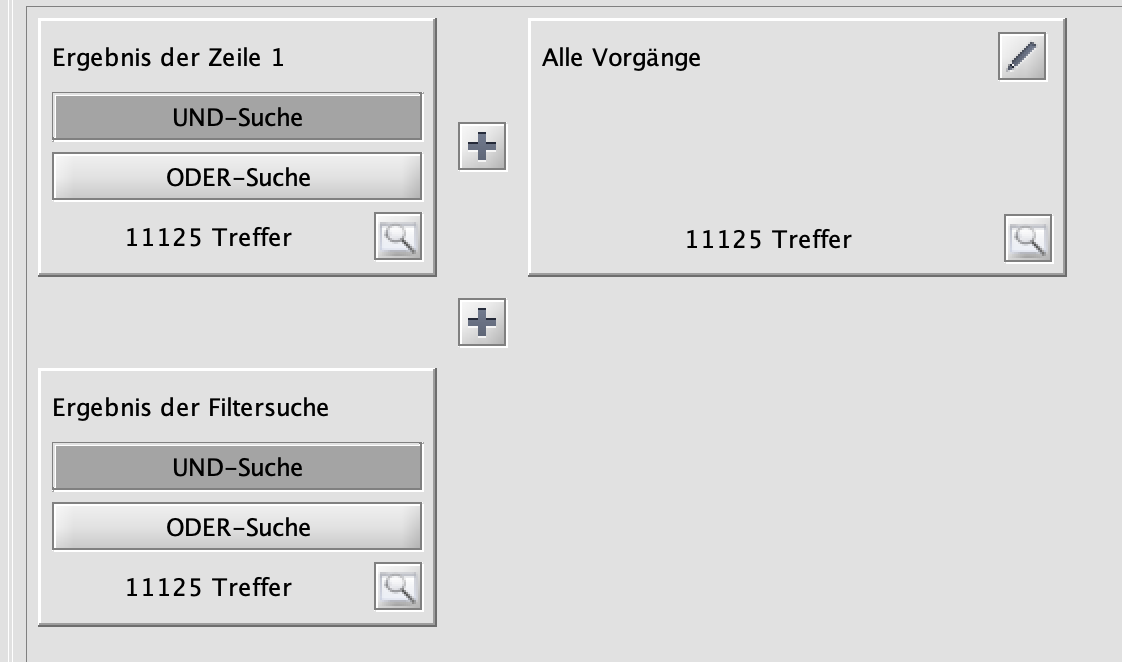 Zunächst werden alle im System angelegten Einträge (im Beispiel die Vorgänge) gefunden. 